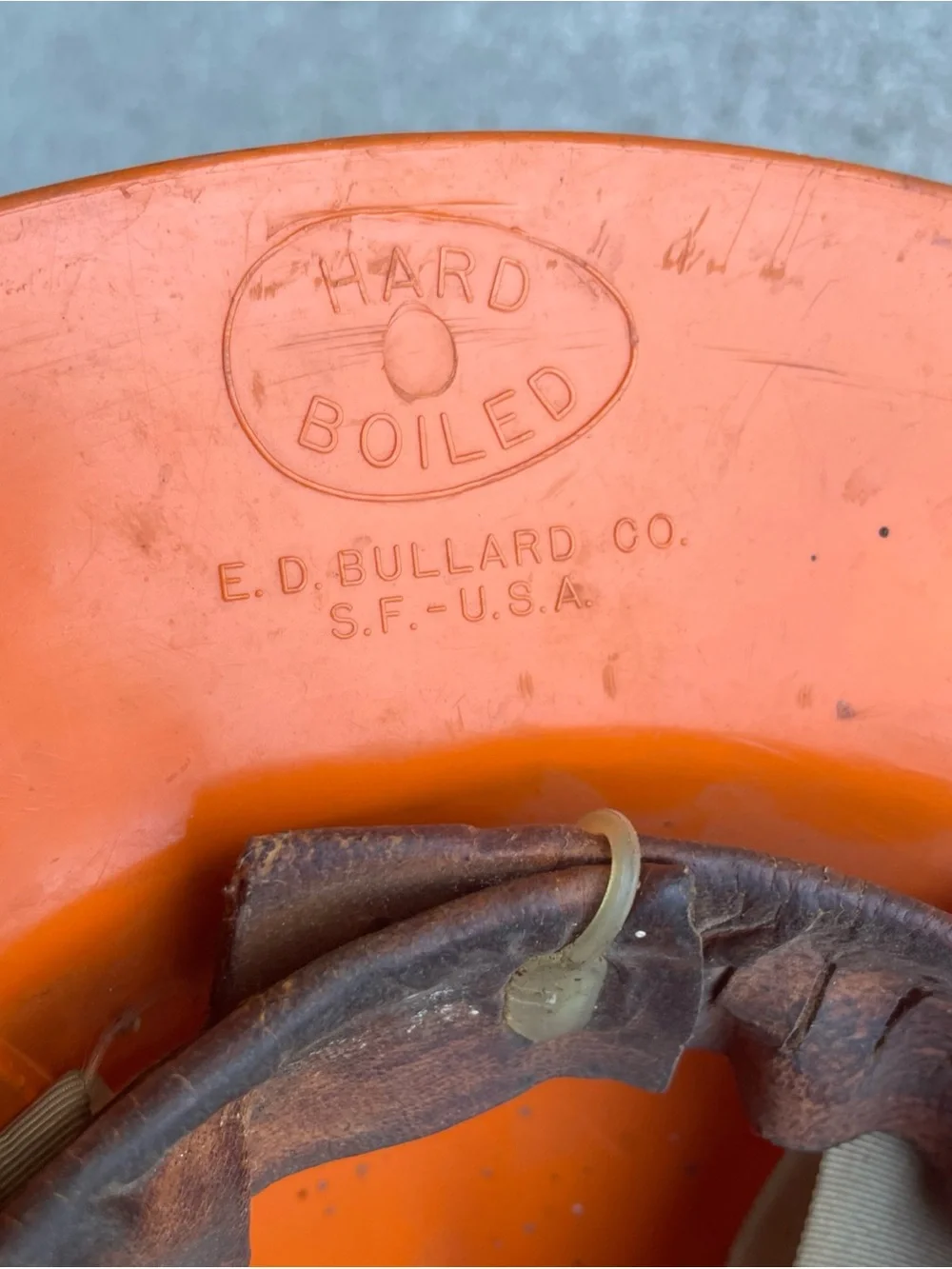 Vintage E.D. BULLARD Orange Fiberglass Hard Boiled Full Brim Hard Hat - PAC BELL